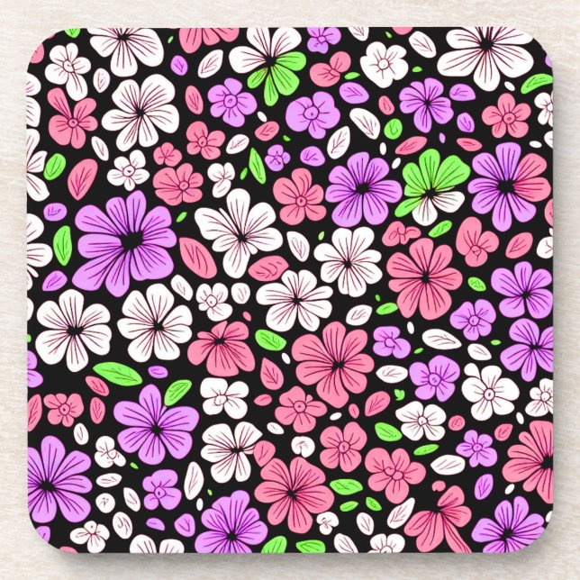 Purple and Pink Flowers and Petals Pattern Black Coaster (Front)