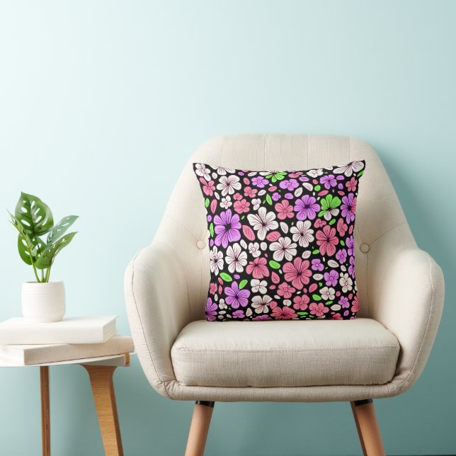 Purple and Pink Flowers and Petals Pattern Black Cushion (Chair)