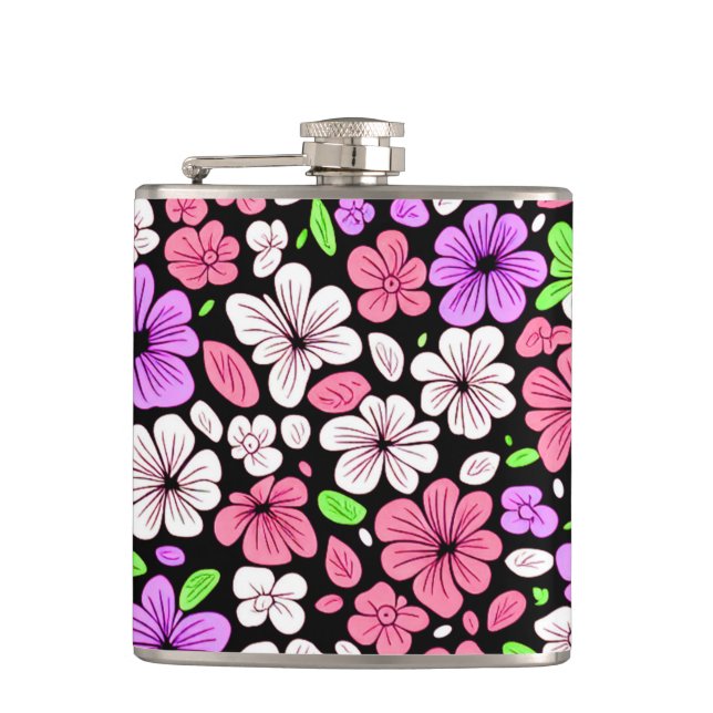 Purple and Pink Flowers and Petals Pattern Black Hip Flask (Front)