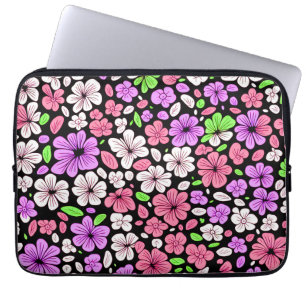 Purple and Pink Flowers and Petals Pattern Black Laptop Sleeve