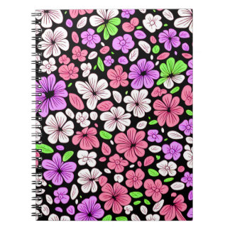 Purple and Pink Flowers and Petals Pattern Black Notebook