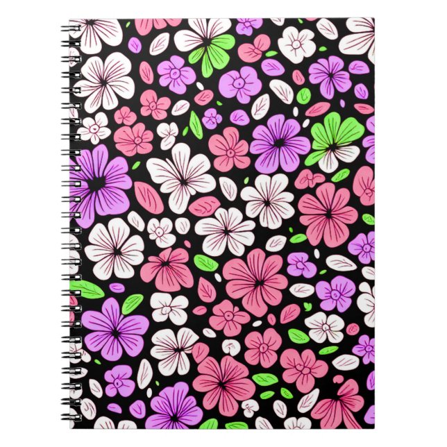 Purple and Pink Flowers and Petals Pattern Black Notebook (Front)