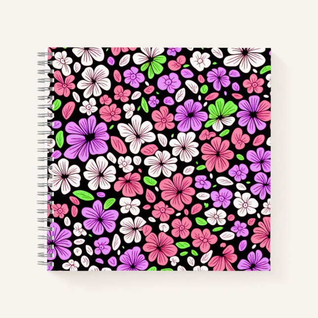 Purple and Pink Flowers and Petals Pattern Black Notebook (Front)