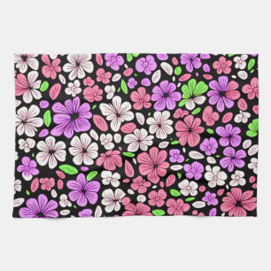 Purple and Pink Flowers and Petals Pattern Black Tea Towel