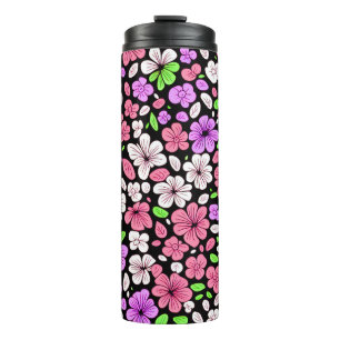 Purple and Pink Flowers and Petals Pattern Black Thermal Tumbler