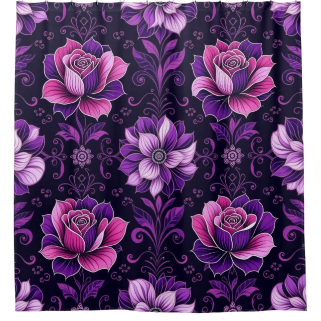 Purple and Pink Flowers Black Background Shower Curtain (Front)