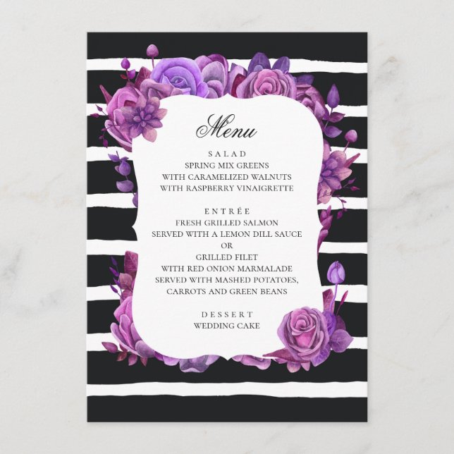 Purple and pink flowers. Black striped wedding Menu (Front)