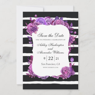Purple and pink flowers. Black striped wedding Save The Date