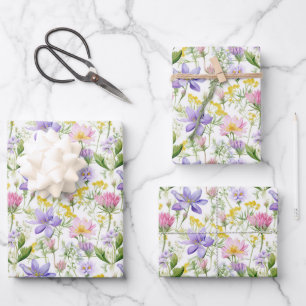 Purple and Pink Flowers Botanical Print Wrapping Paper Sheet