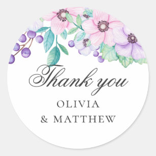 Purple and pink flowers. Floral wedding thank you Classic Round Sticker