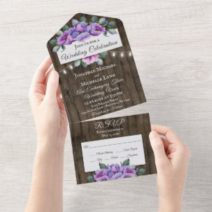 Purple and Pink Flowers on Wood Rustic Wedding All In One Invitation