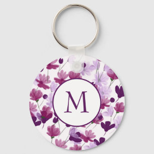 Purple And Pink Flowers Pattern Key Ring