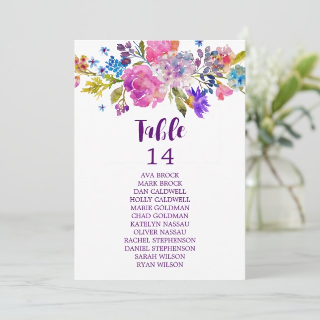 Purple and Pink Flowers Table Number Seating Chart (Standing Front)