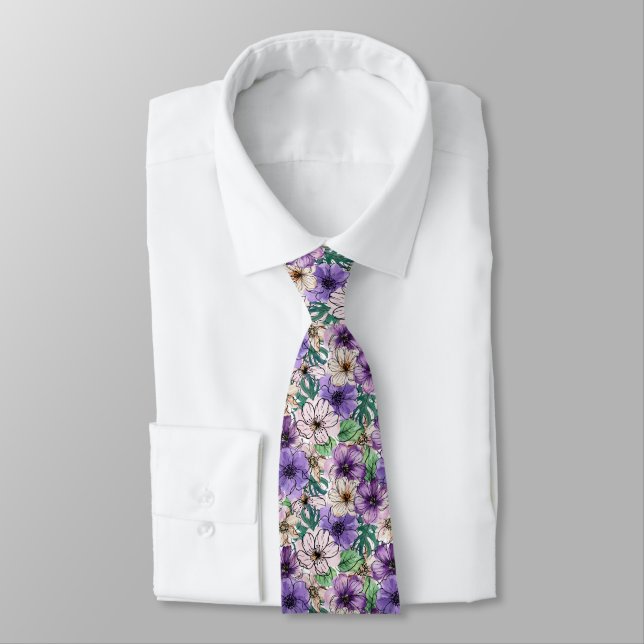Purple and Pink Flowers   Tie (Tied)