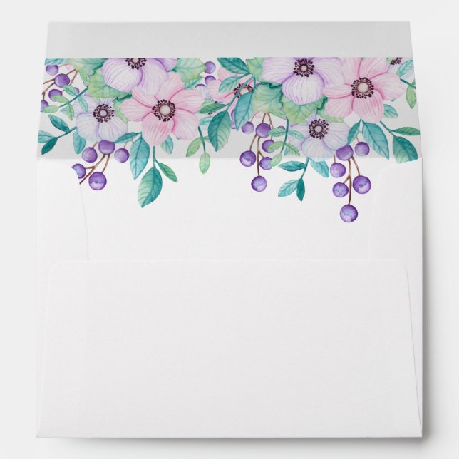 Purple and pink flowers. Watercolor floral wedding Envelope (Back (Bottom))