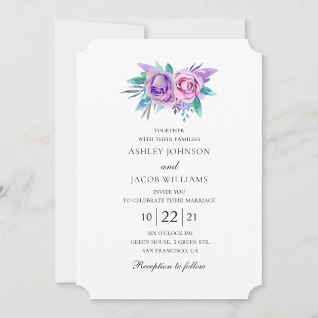 Purple and pink flowers. Watercolor floral wedding Invitation (Front)