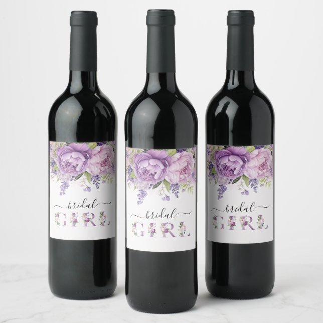 Purple And Pink Garden Flowers Bridal Shower Girl Wine Label (Bottles)