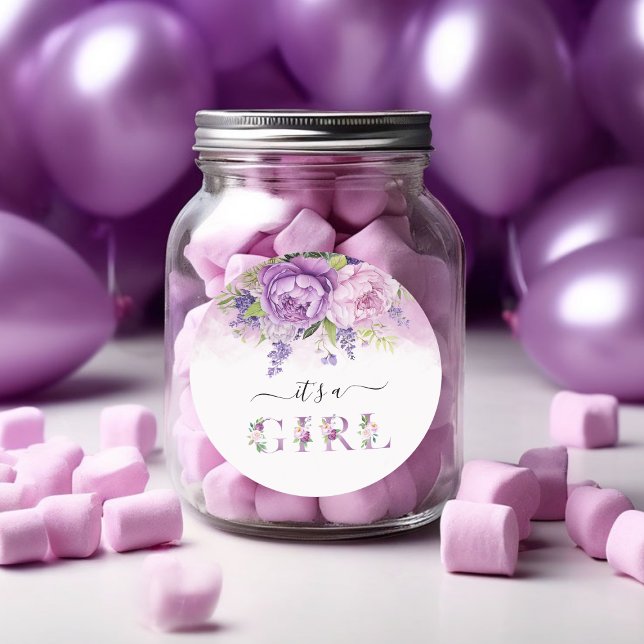 Purple And Pink Garden Flowers Girl Baby Shower Classic Round Sticker (Purple And Pink Garden Flowers Girl Baby Shower Classic Round Sticker!)