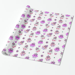 Purple and Pink Girl's Birthday Unicorn Cupcakes Wrapping Paper