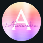 Purple and Pink Girly Metallic Monogram Classic Round Sticker<br><div class="desc">Modern Purple and Pink Faux Girly Metallic Stainless Steel Foil Elegant Sticker. This sticker can be customised to include your initial and first name for a gift package.</div>