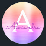 Purple and Pink Girly Metallic Monogram Classic Round Sticker<br><div class="desc">Modern Purple and Pink Faux Girly Metallic Stainless Steel Foil Elegant Sticker. This sticker can be customised to include your initial and first name for a gift package.</div>