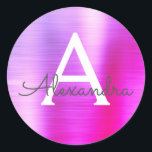 Purple and Pink Girly Metallic Monogram Classic Round Sticker<br><div class="desc">Modern Purple and Pink Ombre Faux Girly Metallic Stainless Steel Foil Elegant Sticker. This sticker can be customised to include your initial and first name for a gift package.</div>