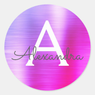 Purple and Pink Girly Metallic Monogram Classic Round Sticker