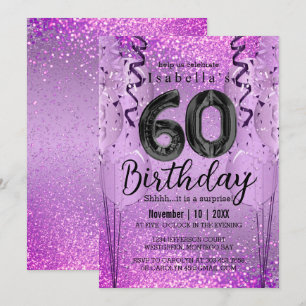 Purple and Pink Glitter 60th Birthday Invitation