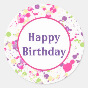 Purple and Pink Happy Birthday Classic Round Sticker