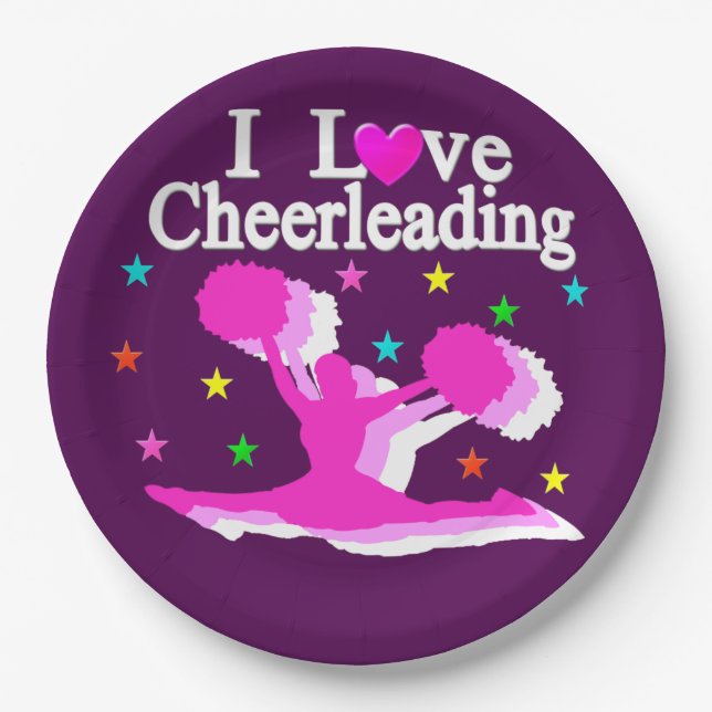 PURPLE AND PINK I LOVE CHEERLEADING PAPER PLATES (Front)