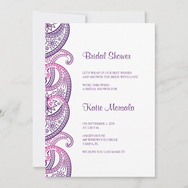 Purple and Pink Indian Paisley Bridal Shower Invitation (Front)
