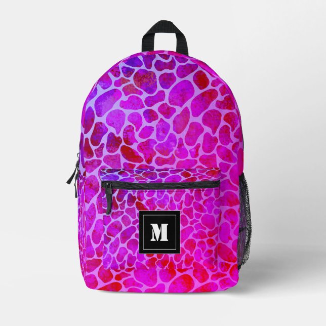 Purple and Pink Leopard Print Monogram  Printed Backpack (Front)