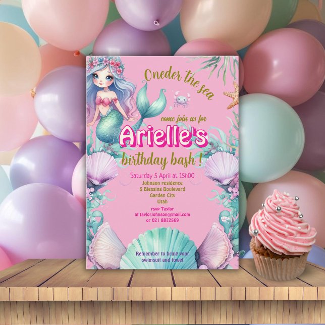 Purple and pink Oneder the sea Mermaid birthday  Invitation (Creator Uploaded)