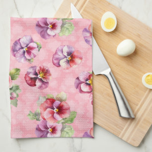 Purple and pink pansies tea towel