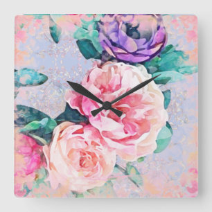 Purple and Pink Peony Wreath Wall Clock