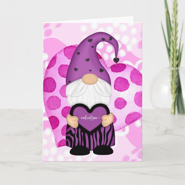 Purple and Pink Polka Dots Gnome Valentine Card (Front)