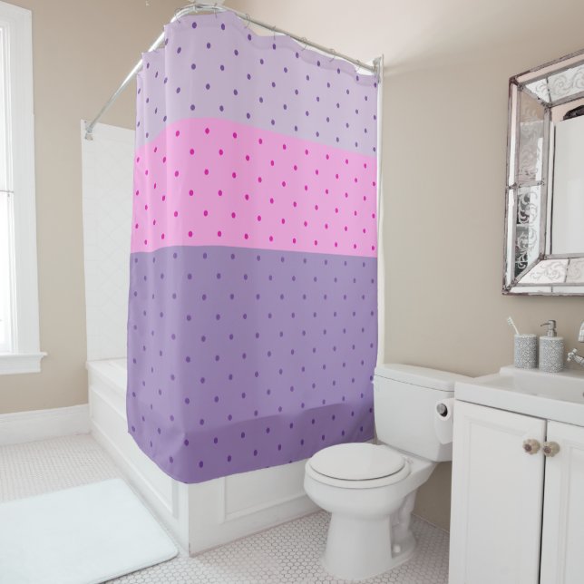 Purple and Pink Polka Dots Pattern in Stripes Shower Curtain (In Situ)