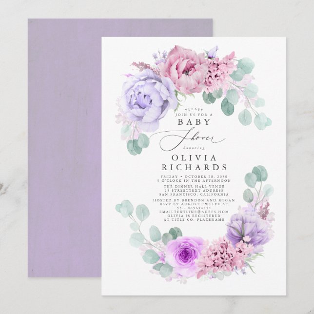 Purple and Pink Soft Pastel Floral Baby Shower Invitation (Front/Back)