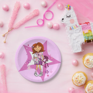 Purple and pink star dark hair girl kids party paper plate