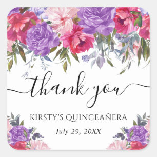 Purple and Pink Summer Flowers Quinceanera Square Sticker
