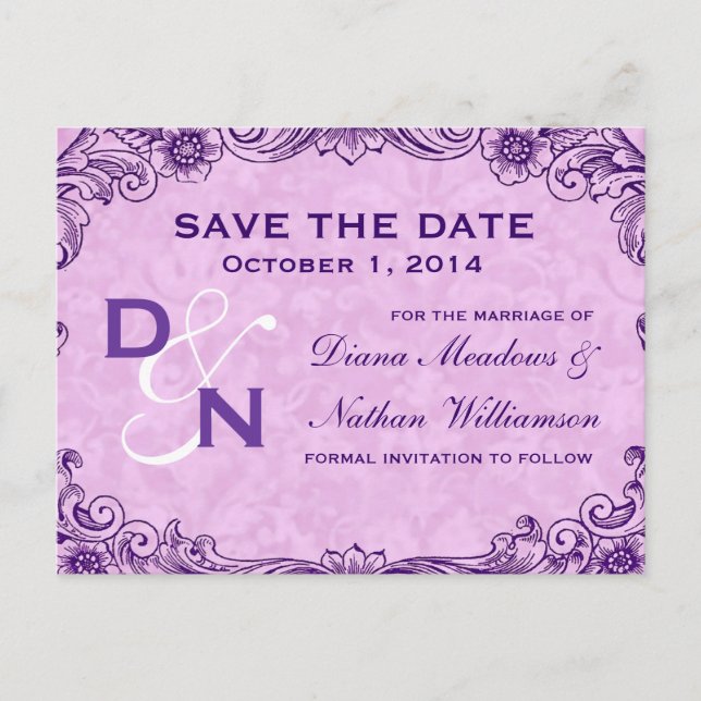 Purple and Pink Swirl Save Date Postcard V028 (Front)