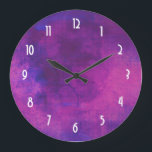 Purple and Pink Watercolor Abstract Background Large Clock<br><div class="desc">A funky looking clock design on a purple and pink watercolor background. These vibrant watercolors mix and mingle together creating a simple,  minimalist,  vibrant,  dynamic design. The clock numbers are in a white art deco font.</div>