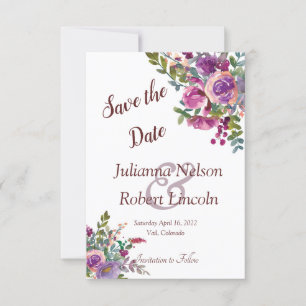 Purple and pink watercolor Aubergine save the date Invitation
