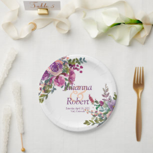 Purple and pink watercolor Aubergine wedding Pape Paper Plate