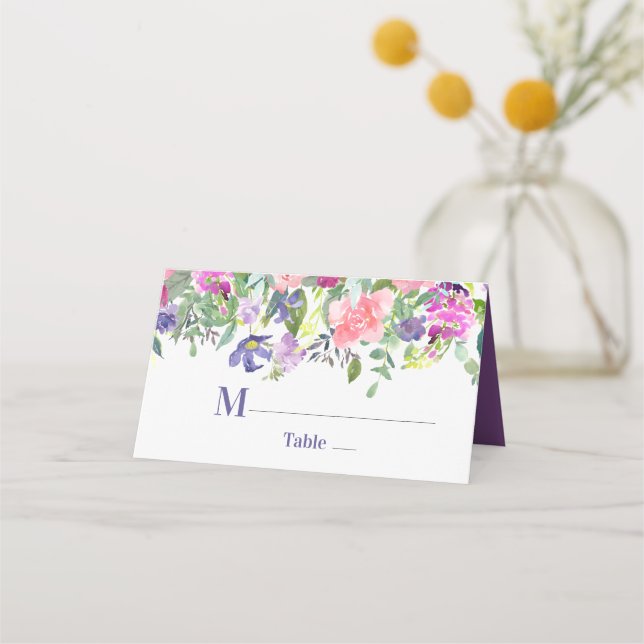Purple and Pink Watercolor Floral Wedding Place Card (Front)