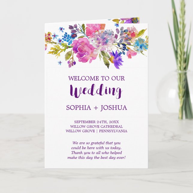 Purple and Pink Watercolor Flowers Folded Wedding Programme (Front)