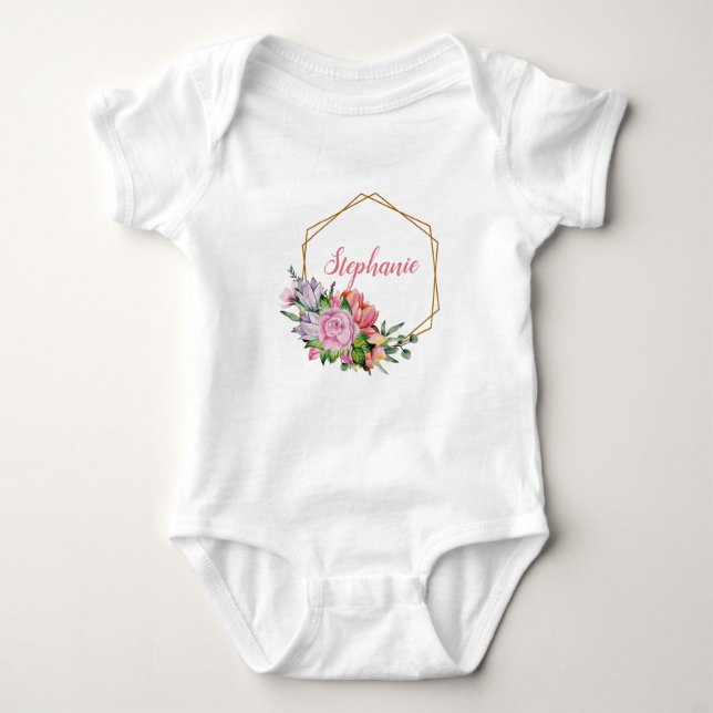 Purple And Pink Watercolor Flowers - Personalised Baby Bodysuit (Front)