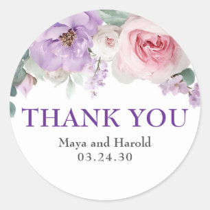 Purple and Pink Watercolor Flowers Thank You Classic Round Sticker