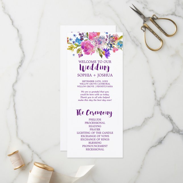 Purple and Pink Watercolor Flowers Wedding Program Programme (Front/Back In Situ)