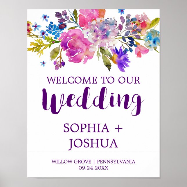 Purple and Pink Watercolor Flowers Wedding Welcome Poster (Front)